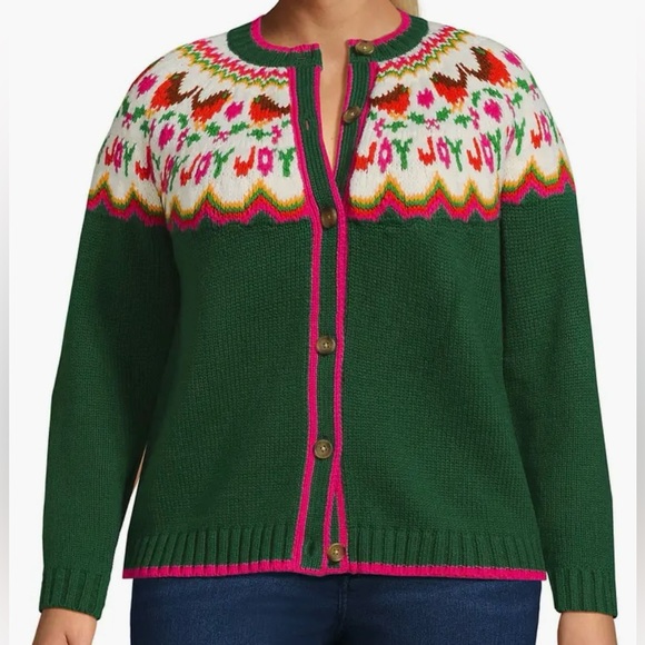 XL Lands End Lofty Birdseye Green and Pink Fair Isle chunky button up cardigan. - Picture 4 of 11